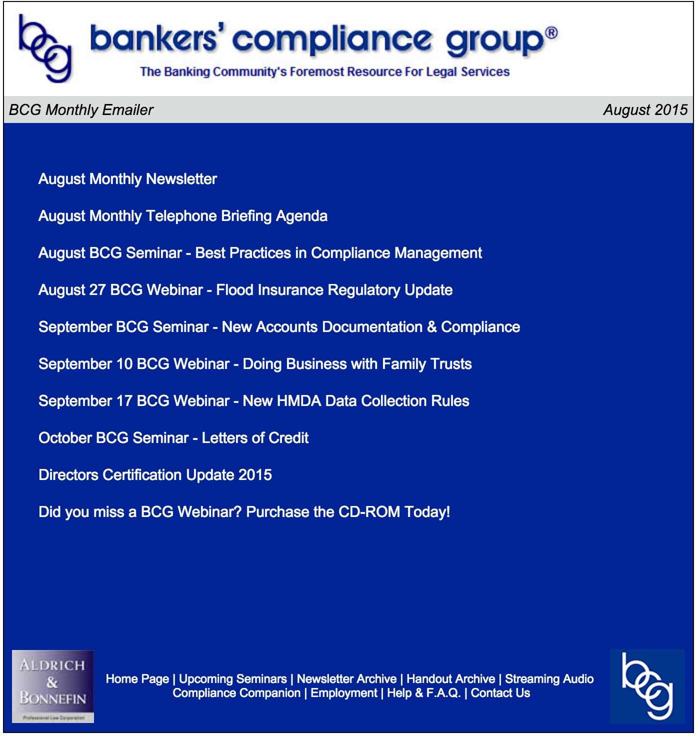 August 2015 Bankers Compliance Group Monthly Mailer