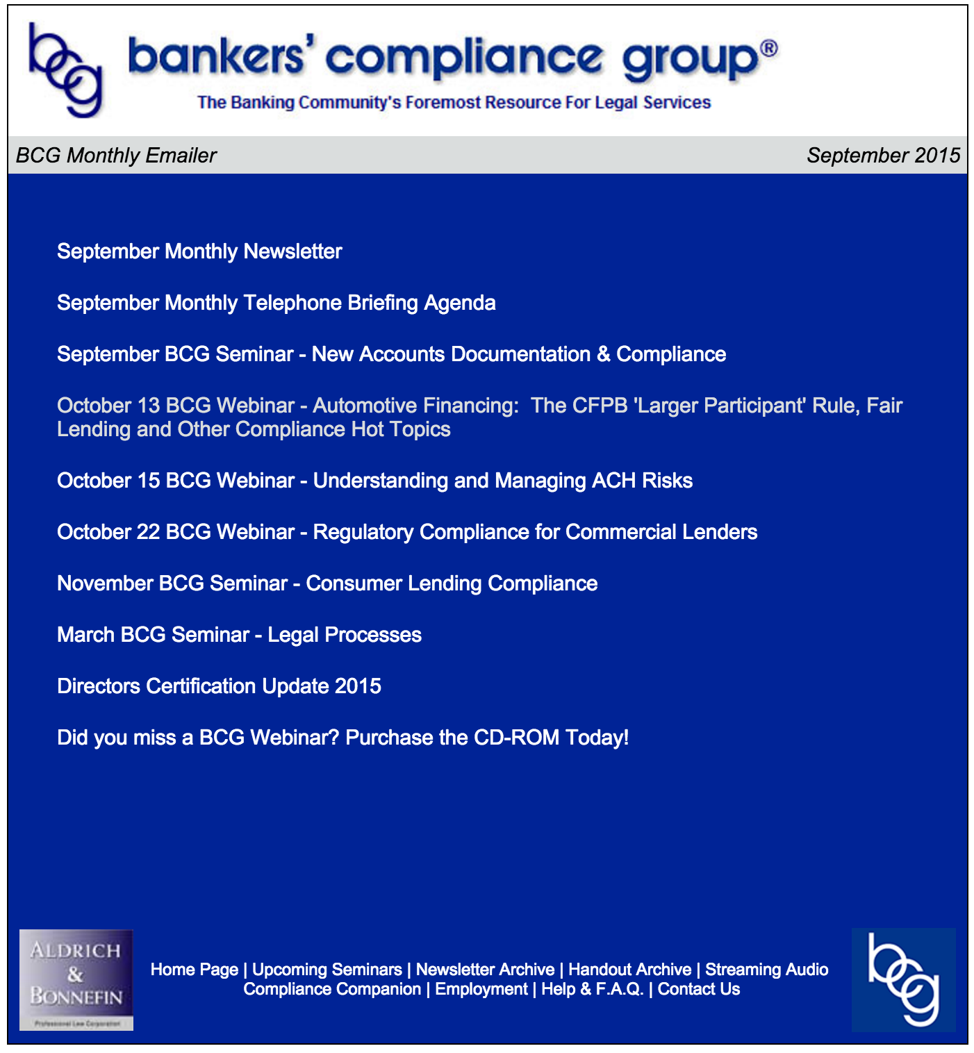 September 2015 Bankers Compliance Group Monthly Mailer